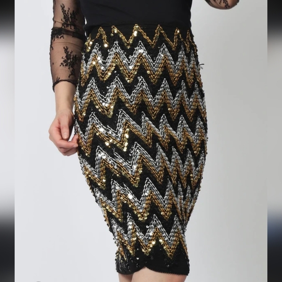 Gold Silver Sequins Highwaisted Pencil Skirt - Picture 1 of 11